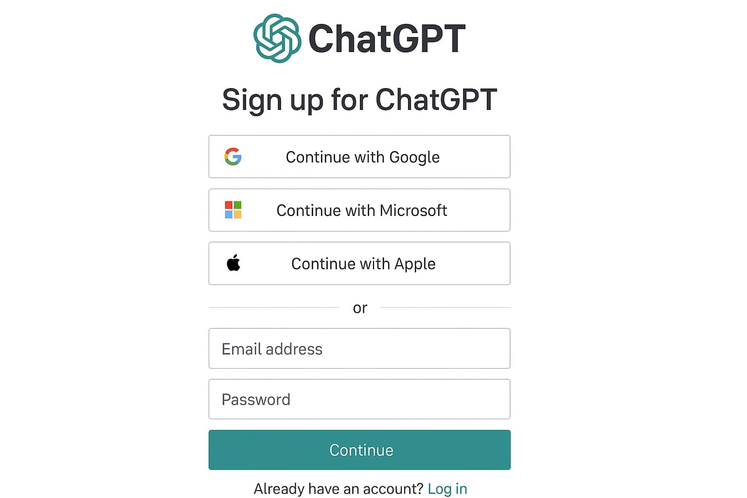 ChatGPT 注册页面截图 – 输入邮箱地址并设置登录密码。支持直接使用 Google、Microsoft、Apple 等第三方账号登录注册。