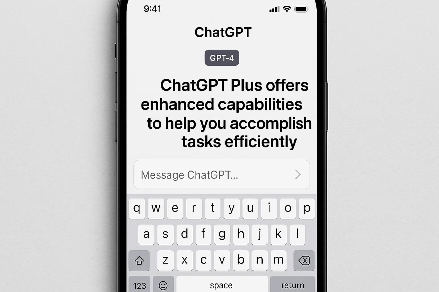 一部智能手机屏幕上显示着 ChatGPT 界面,底部是键盘。ChatGPT Plus 提供更强大的功能,助力用户高效完成任务。该图彰显了 ChatGPT Plus 在日常工作流程中的重要性。