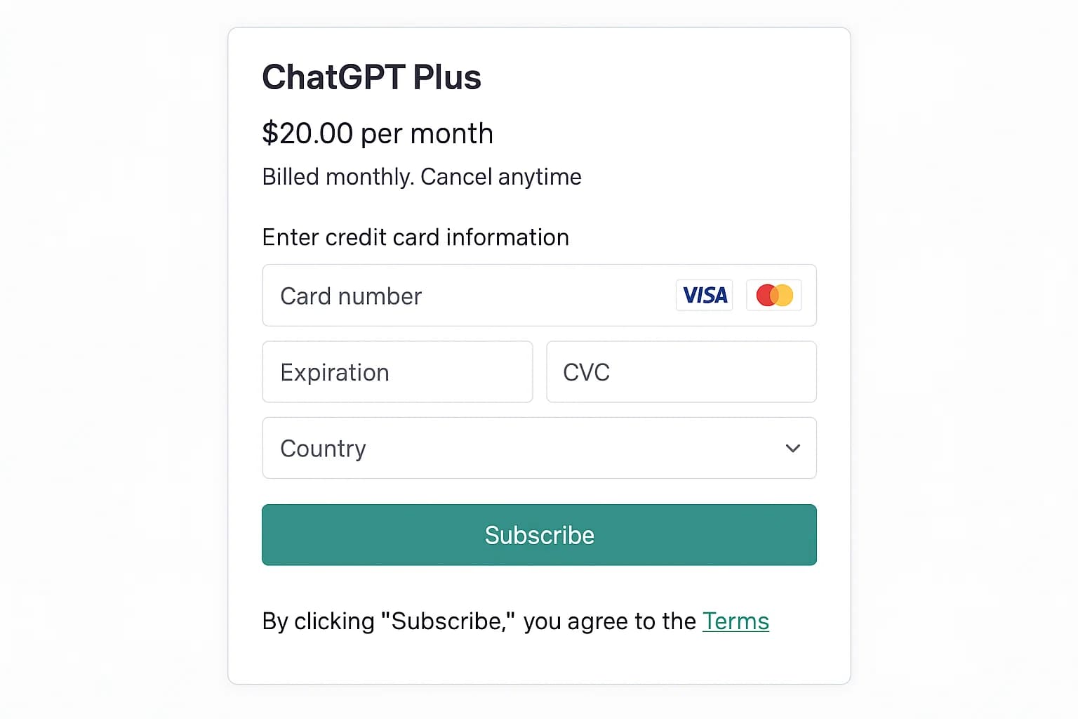 ChatGPT Plus 订阅的付款页面示例。您需要在此页面填写信用卡信息完成支付(支持 Visa、MasterCard 等国际卡)。确认订阅后,ChatGPT Plus 的月费 20 美元将从您的绑定账户扣除,并会自动按月续订。