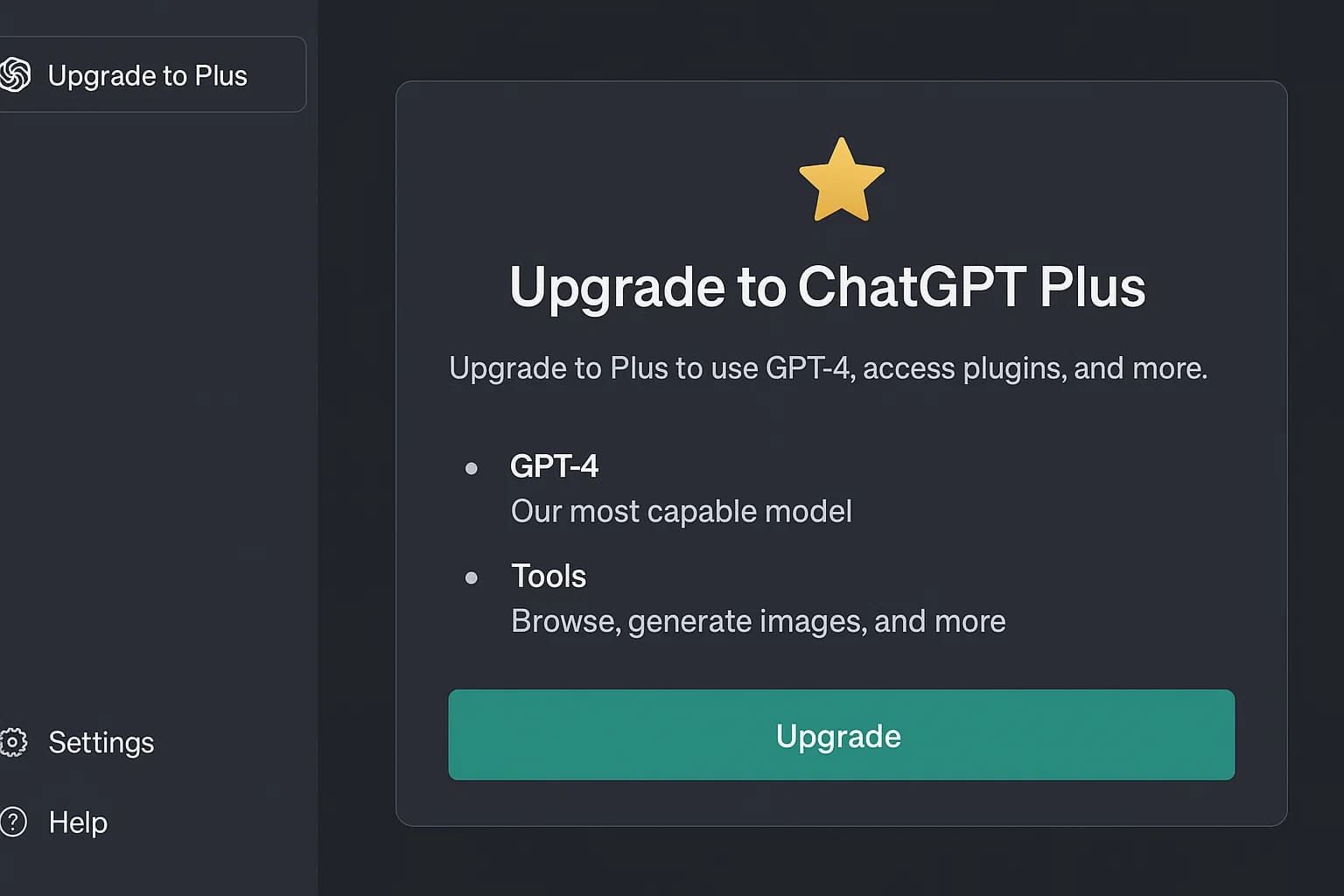 ChatGPT 左侧菜单的升级选项。升级为 Plus 后即可使用GPT-4模型以及插件等高级功能。