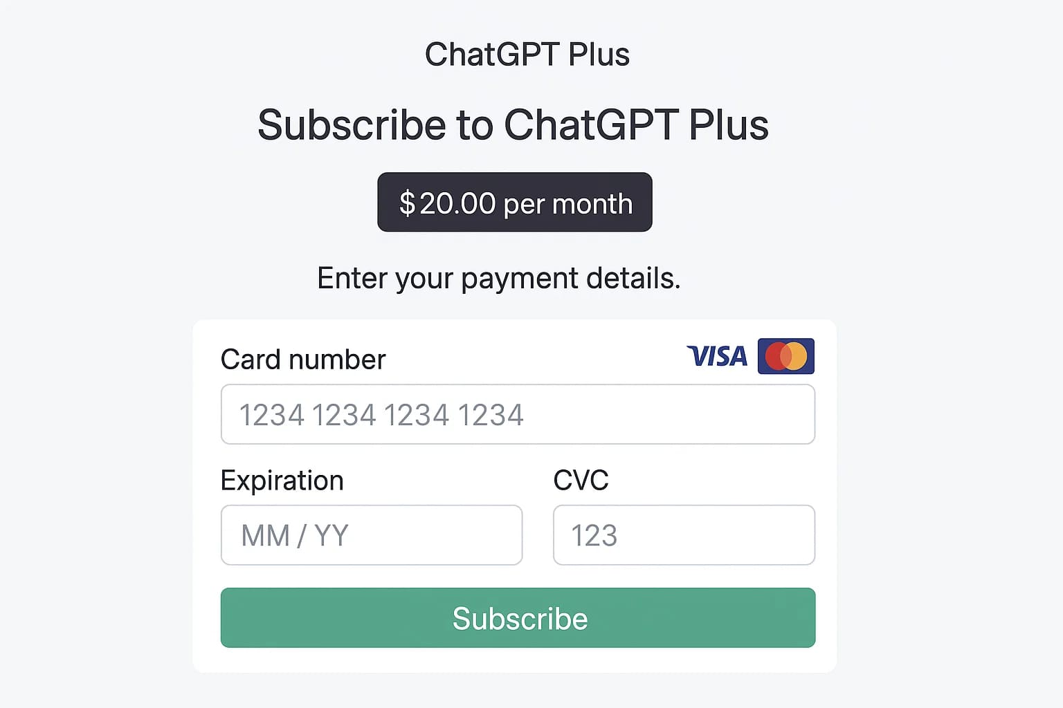 ChatGPT Plus 订阅支付页面示意,需要填写有效的 Visa/MasterCard 信用卡信息完成支付。