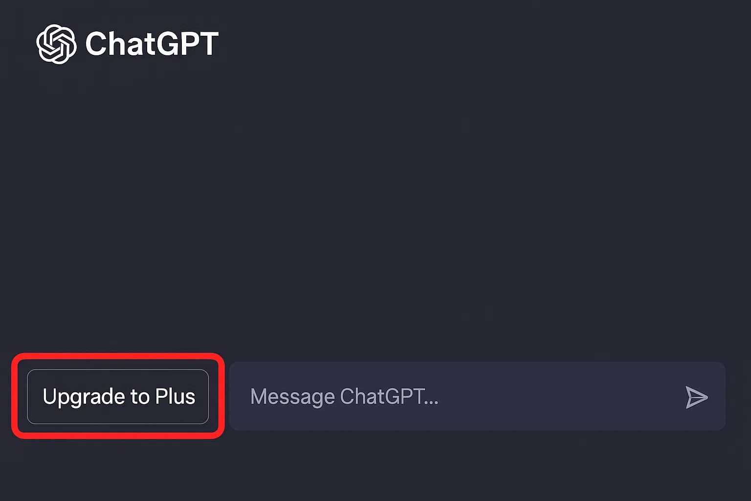 桌面网页版 ChatGPT 左下角的 “Upgrade to Plus” 按钮位置示意,点击该按钮即可开始付费订阅流程