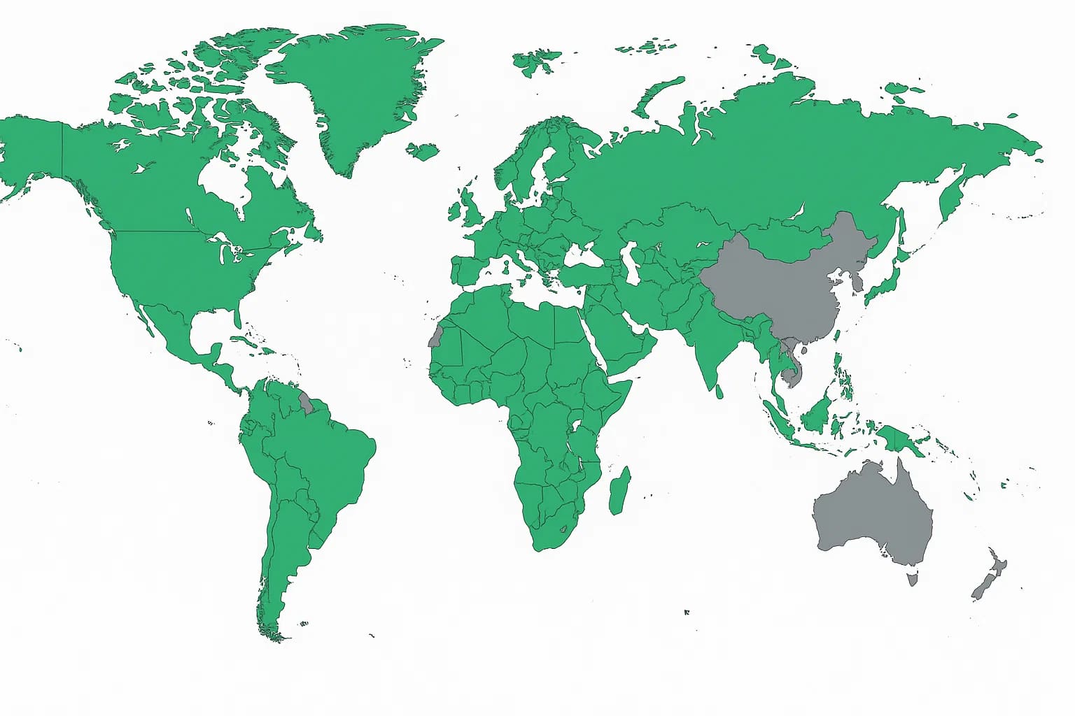 世界地图上以绿色标出了 ChatGPT 官方提供服务的国家/地区，灰色表示未支持地区。可以看到中国大陆（图中灰色区域）目前不在 ChatGPT 官方支持范围内，这意味着大陆用户需跨越网络和地域限制才能使用 ChatGPT Plus。