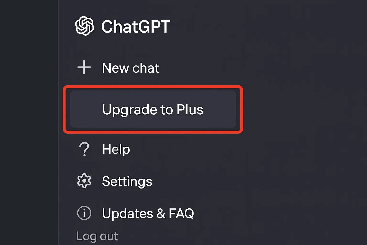 ChatGPT网页版左下角的侧边栏截图,红框标出“Upgrade to Plus”升级按钮的位置。如果没有升级,免费账户会在这里显示此按钮,让用户可以点击进入订阅流程。
