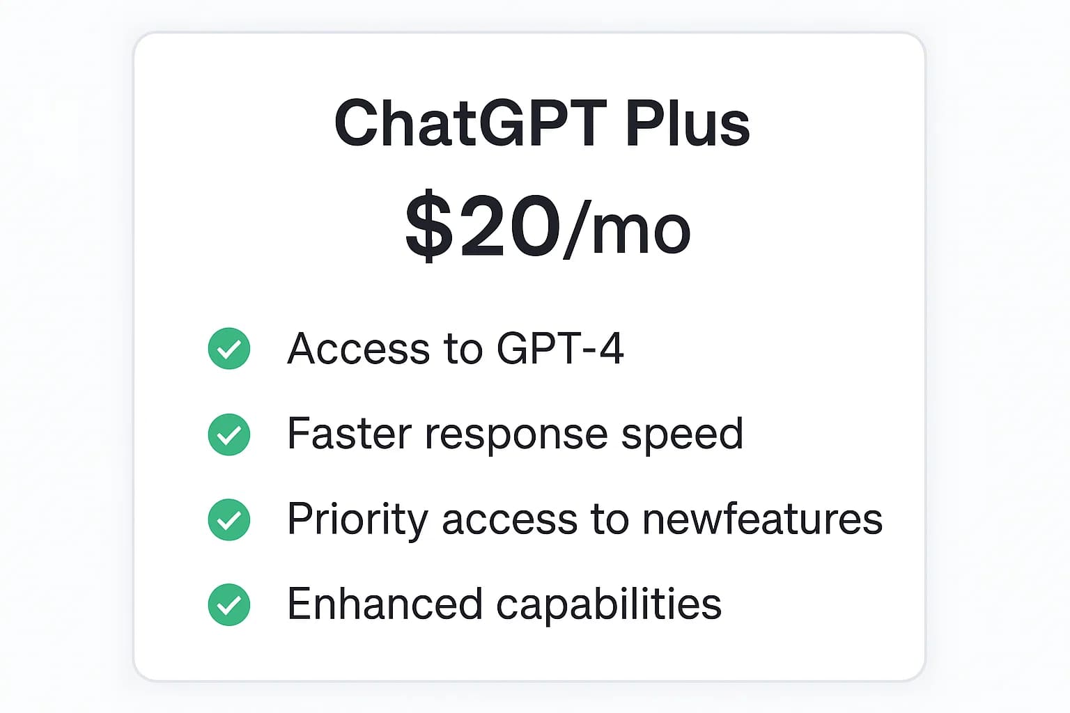ChatGPT Plus 官方订阅方案界面,月费 $20 美元,包含 GPT-4 等高级功能列表。Plus 用户可使用插件、联网和更高消息上限等特权。